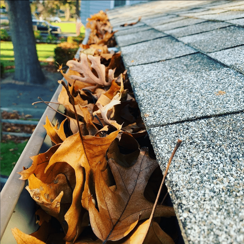 Dirty gutters with leaves